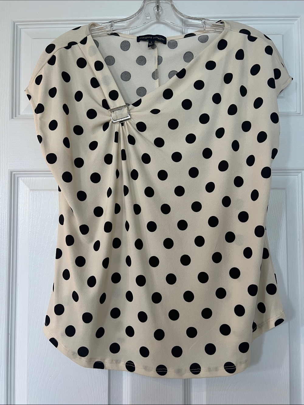 Adrienne Vittadini Cream and Black Polka Dot V-Neck Top with Buckle